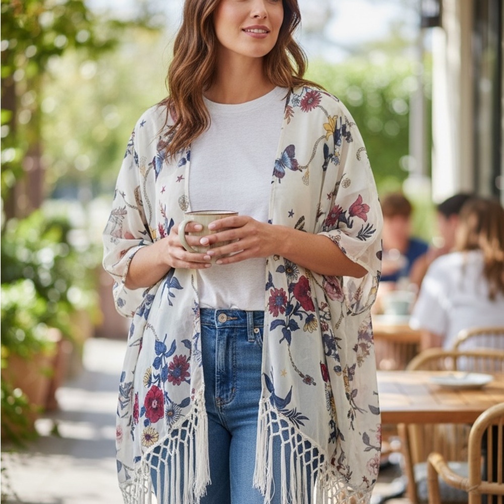 Sweet Rain Cream Floral Kimono - Picture 1 of 5